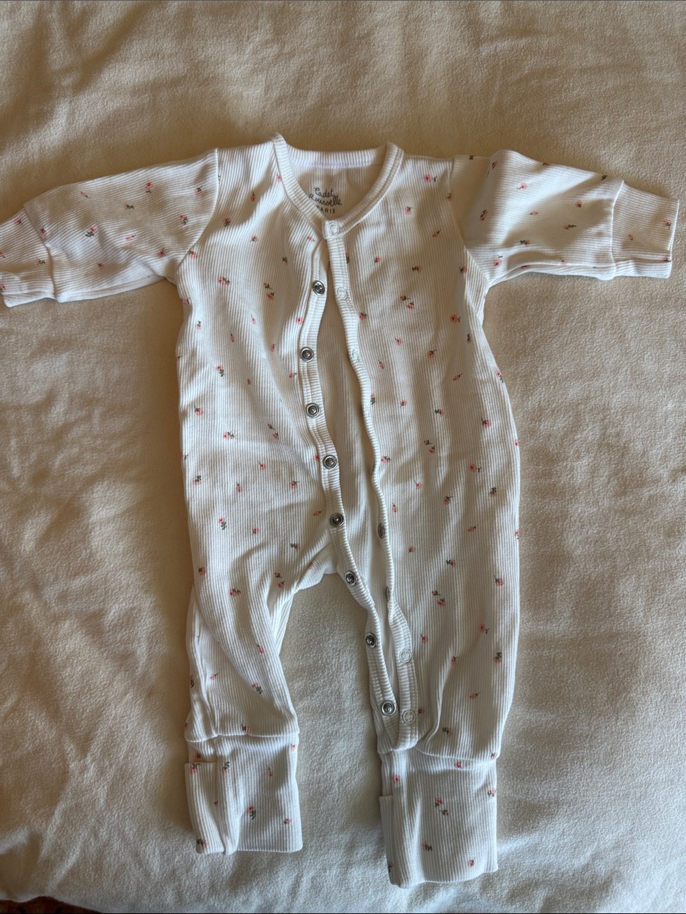 Infant Ribbed Footed One-Piece - White with Pink Floral Cadette Rouselle Paris